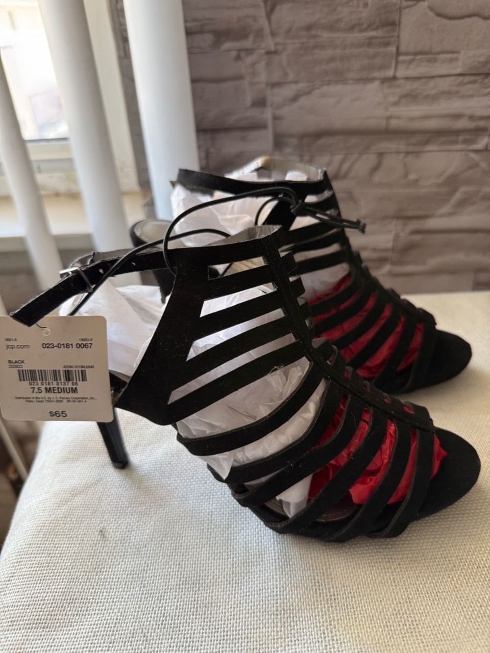 Worthington Black Strappy Peekaboo Heels with Red Lining